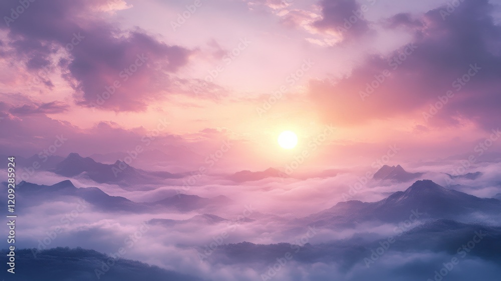Fototapeta premium A breathtaking sunrise over misty mountains, illuminating the sky in vibrant colors.