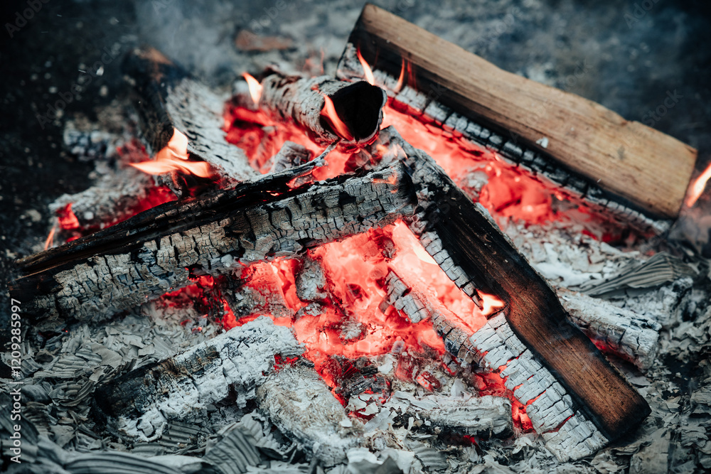 Burning Embers and Flames in a Rustic Campfire Burning Embers and Flames in a Rustic Campfire