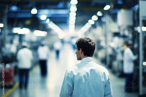 Factory worker in a clean industrial environment, potential usecase for illustrating manufacturing, industry, and workforce concepts photo