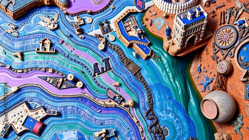 A vibrant, detailed miniature landscape depicting a coastal city with waterways, buildings, and miniature figures, showcasing intricate craftsmanship and artistic expression. photo