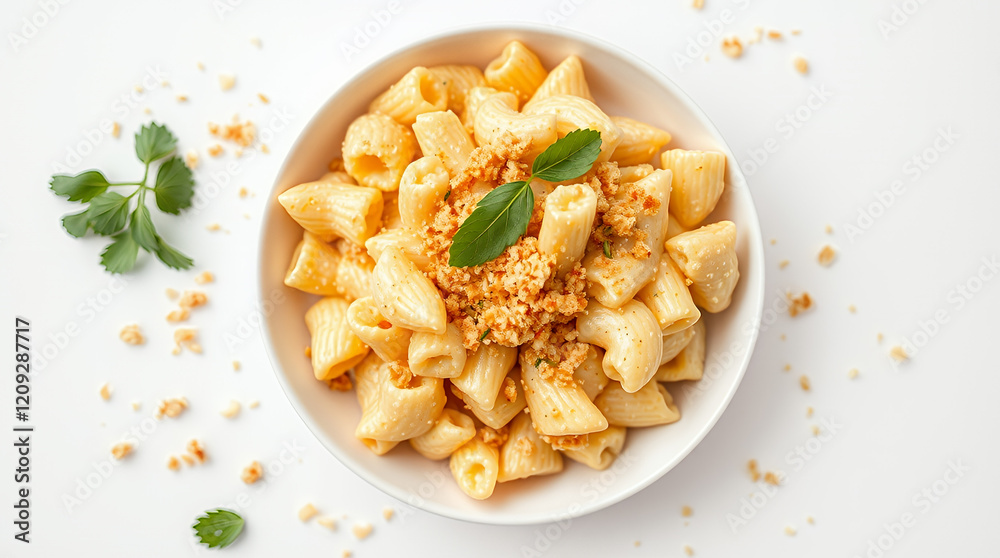 Delicious Pasta with Crispy Breadcrumbs and Fresh Parsley on White Background Delicious Pasta with Crispy Breadcrumbs and Fresh Parsley on White Background