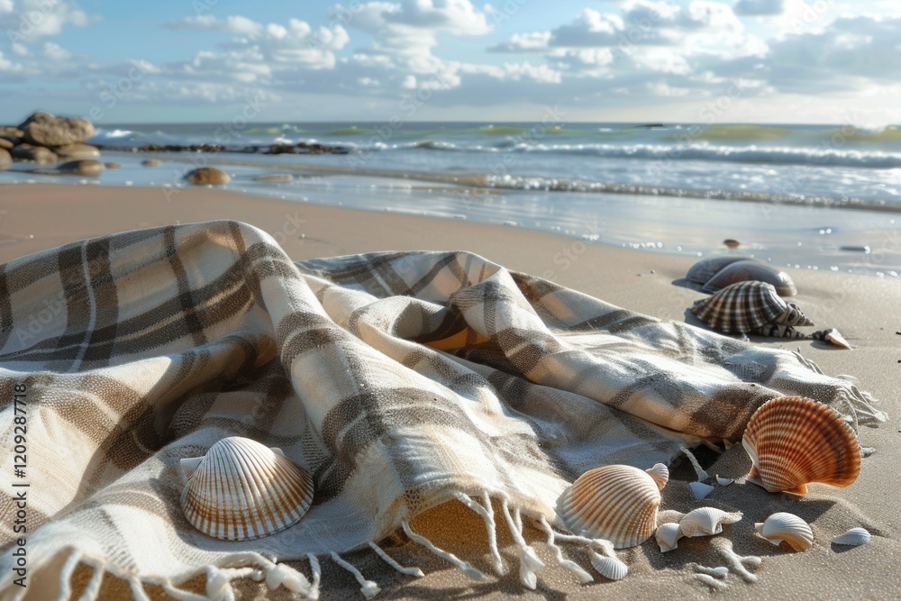 Seashells on sandy beach with cloth in soft lighting. Neural network AI generated Seashells on sandy beach with cloth in soft lighting. Neural network AI generated