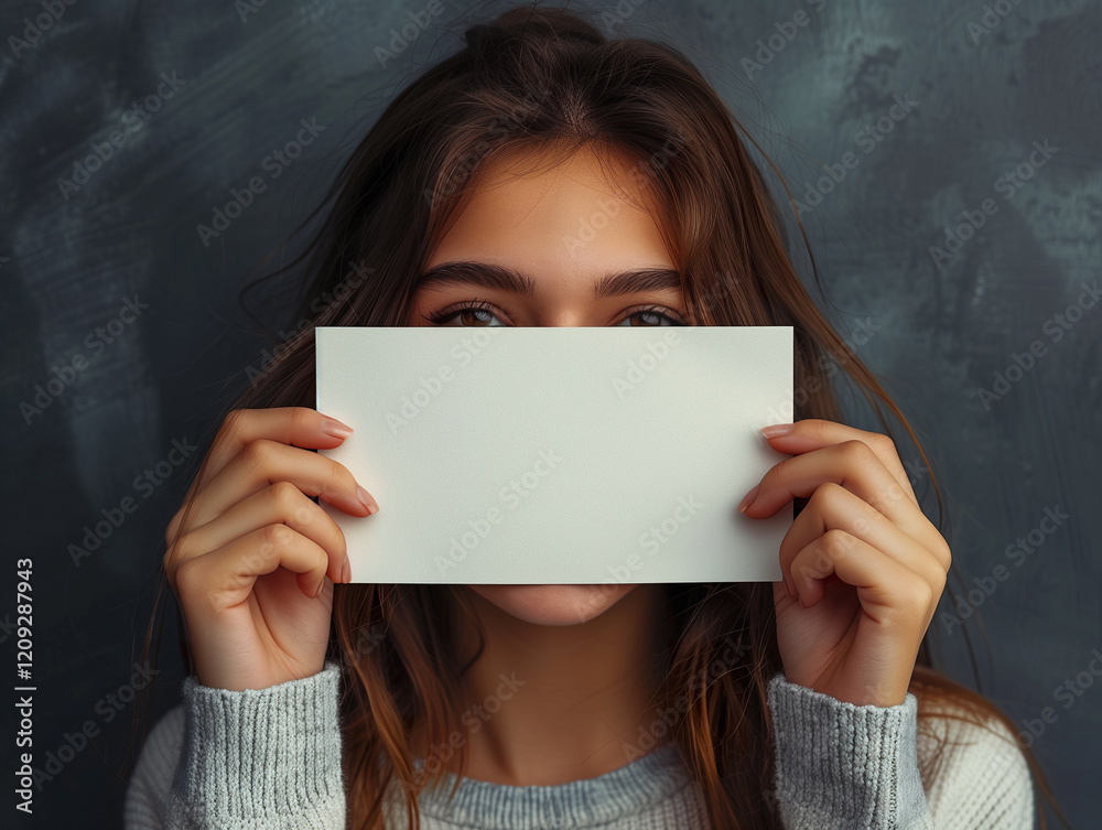 Naklejka premium Woman Holding Blank Paper in Front of Face