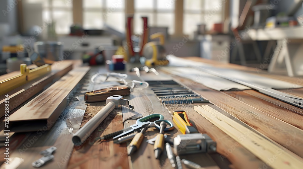 Close-Up of Tools and Materials on a Workshop Table Close-Up of Tools and Materials on a Workshop Table