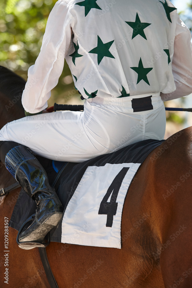 Race horse and jockey. Purebred in the hippodrome. Turf