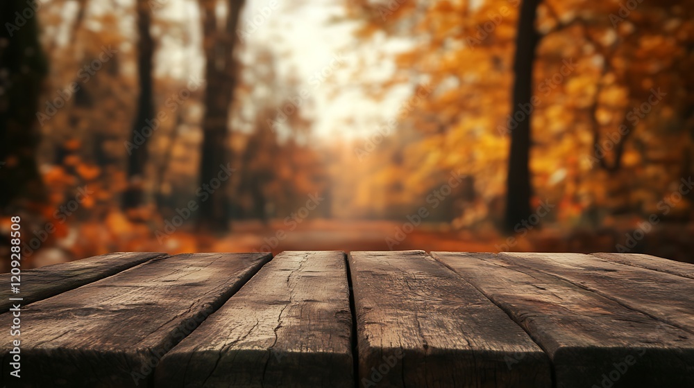Autumnal Serenity: A Wooden Picnic Table Adorned with Fallen Leaves in a Golden Forest Autumnal Serenity: A Wooden Picnic Table Adorned with Fallen Leaves in a Golden Forest