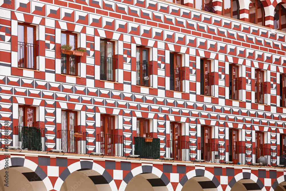 Picturesque multicolored facade in Plaza Alta. Casas Coloradas. Badajoz, Spain