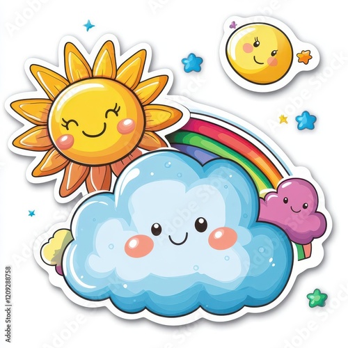Cute cartoon sun, cloud, and rainbow with smiling faces. Perfect for kids and nursery decor.