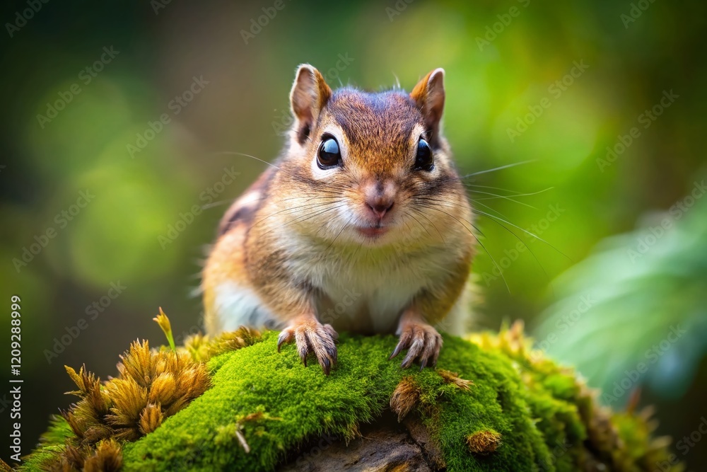 Adorable Siberian Chipmunk Portrait, Green Blurred Background - Wildlife Stock Photo Adorable Siberian Chipmunk Portrait, Green Blurred Background - Wildlife Stock Photo
