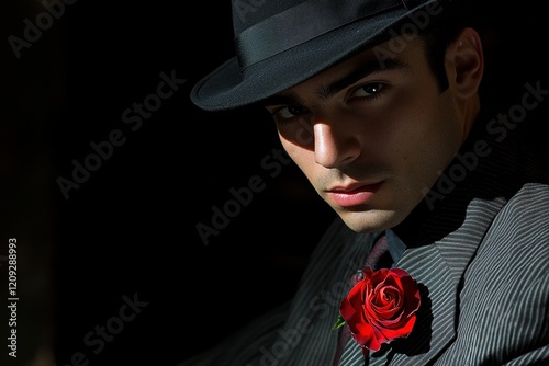 Stylish man with hat and red rose in darkness photo