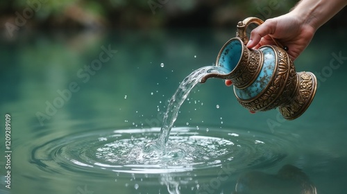 Elegant water pouring from an ornate pot into a tranquil turquoise lake surrounded by lush greenery