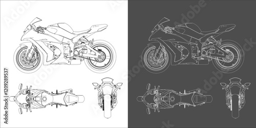 vector illustration race moto motorcycle sportbike gp side view . technical drawing  of blueprints isolated on transparent background