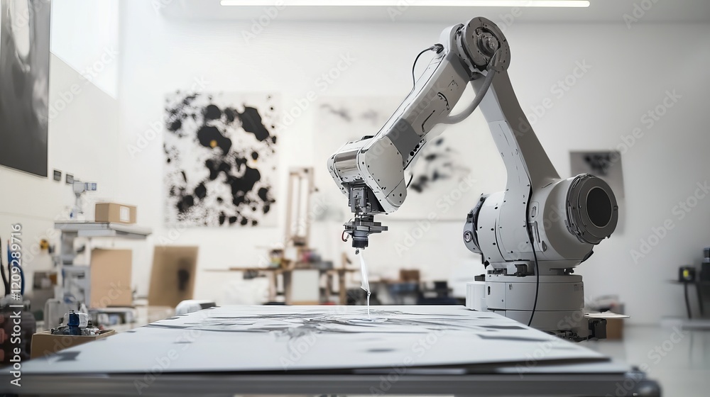 Fototapeta premium A robotic artist creating intricate paintings in a modern art studio, clean and creative environment with a focus on artistic expression, Artistic style