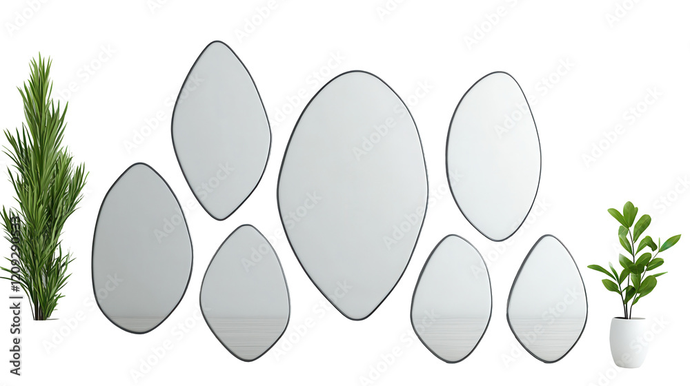 Elegant wall mirrors in various shapes, framed artfully with decorative plants. transparent background Elegant wall mirrors in various shapes, framed artfully with decorative plants. transparent background