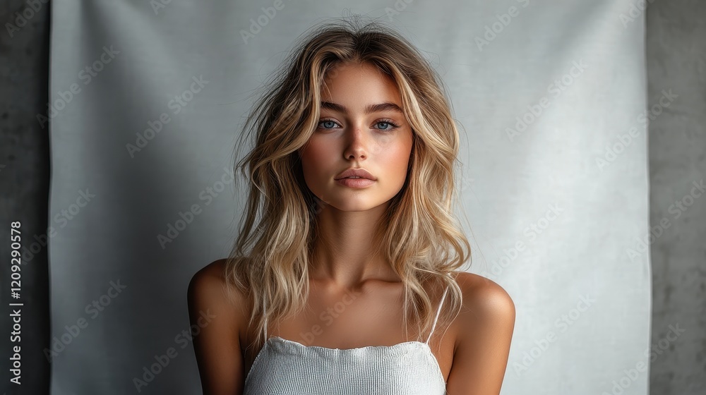 Elegant Female Model Portrait in Minimalist Studio Setup Elegant Female Model Portrait in Minimalist Studio Setup