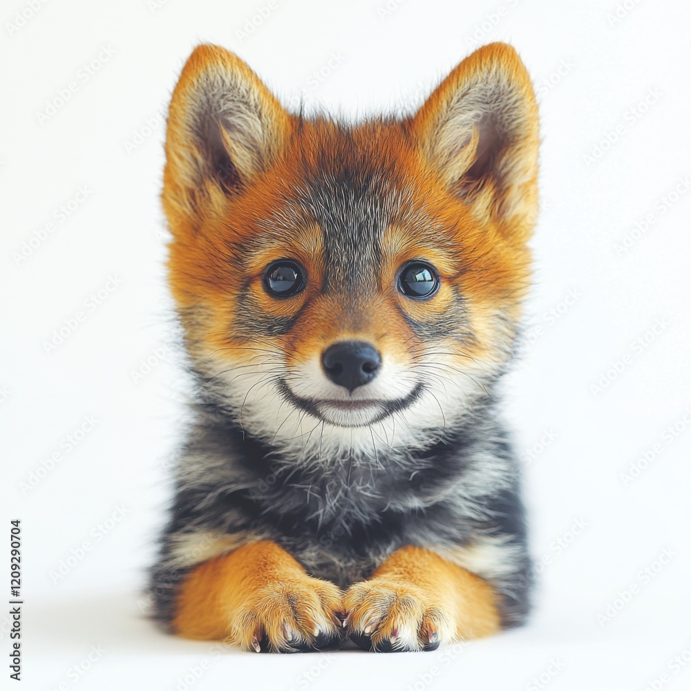 Fototapeta premium Adorable Young Fox with Bright Eyes and Fluffy Fur on White Background