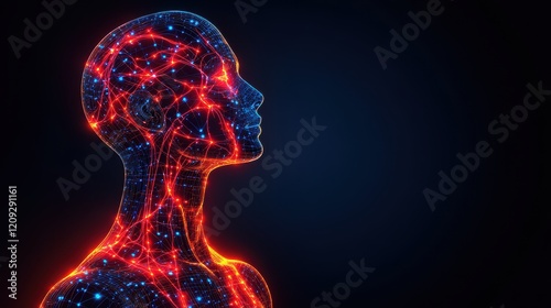 Abstract digital representation of the human head and neck, showcasing intricate network connections in vibrant red and blue hues against a dark background.