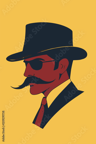 Silhouetted stylish gangster with hat and mustache on yellow.