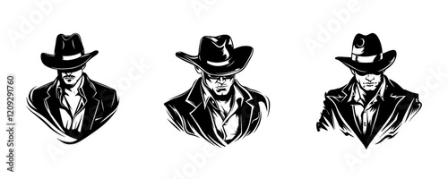 Stylized Mafia bosses in suits and hats, monochrome.