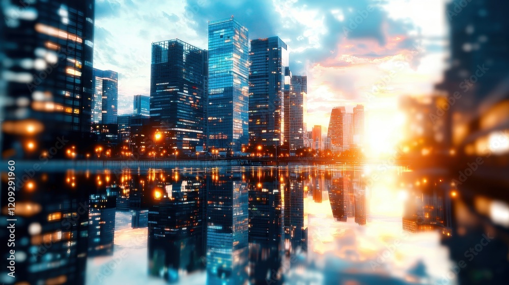 Obraz premium Urban skyline at sunset with reflections on water.