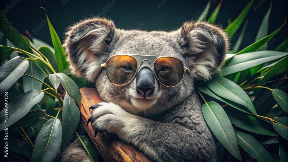 Obraz premium A Cool Koala in Sunglasses Rests on a Branch Amidst Lush Green Foliage