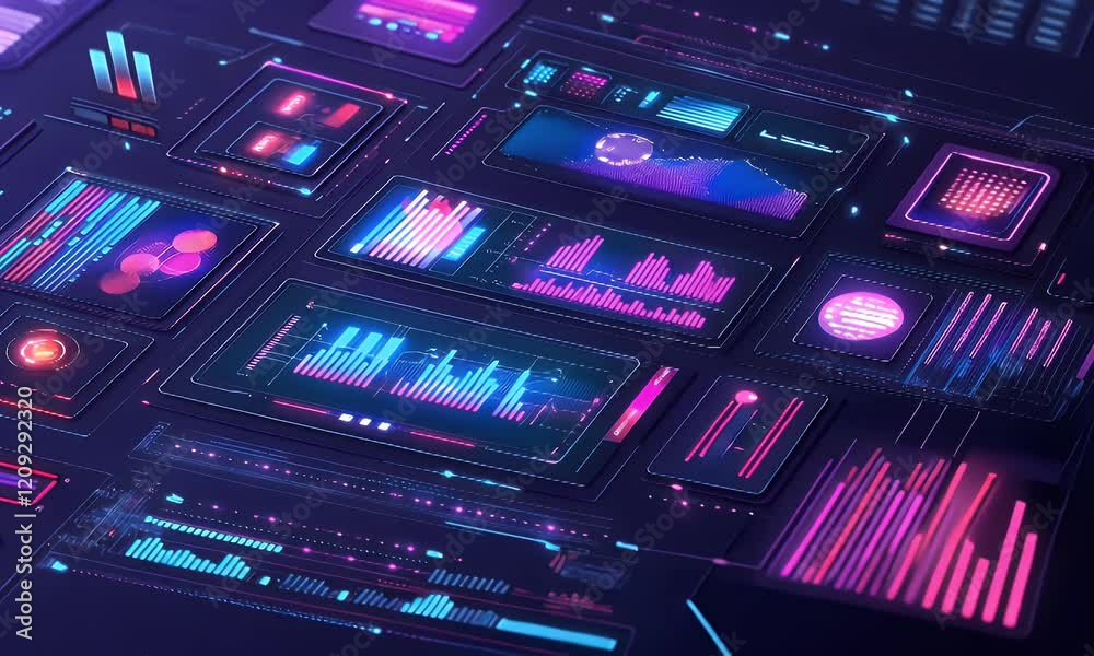 Futuristic data visualization interface; glowing charts and graphs; abstract background; perfect for tech presentations