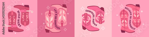Set pink cowgirl boots with ornament. Trendy phrase print, party poster Cowboy western and wild west theme. Hand drawn vector illustration