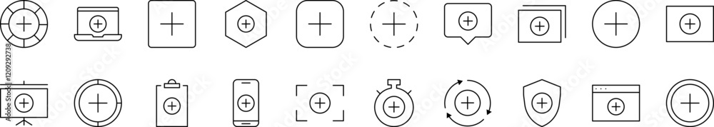 Plus Sign Thin Line Icon Set. Outline Signs for Graphic and Web Design, Apps, Adverts, Various Cards Plus Sign Thin Line Icon Set. Outline Signs for Graphic and Web Design, Apps, Adverts, Various Cards