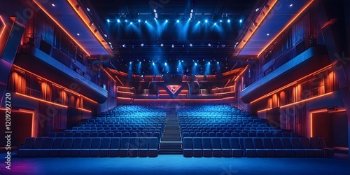 Grand concert venue with tiered seating, acoustically optimized walls, and a wide stage. Designed for musical performances.