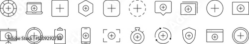 Plus Sign Thin Line Icon Set. Outline Signs for Graphic and Web Design, Apps, Adverts, Various Cards