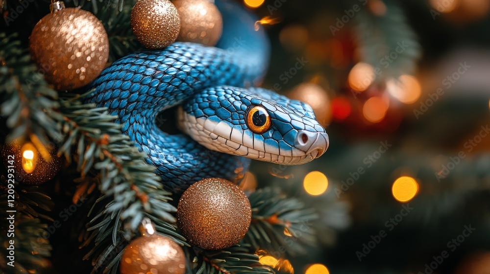 Fototapeta premium Close-Up of a Colorful Blue Snake Nestled Among Christmas Ornaments on a Christmas Tree with Warm Bokeh Lights in the Background for Seasonal Imagery
