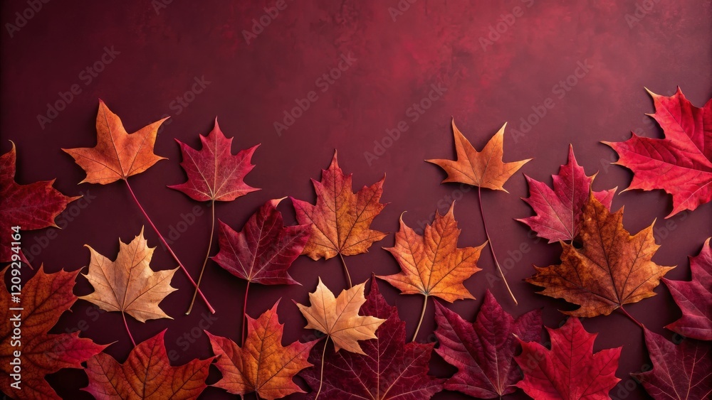 Autumn Maple Leaves Flatlay Red and Orange Fall Foliage on Burgundy, fall leaves, autumn background Autumn Maple Leaves Flatlay Red and Orange Fall Foliage on Burgundy, fall leaves, autumn background