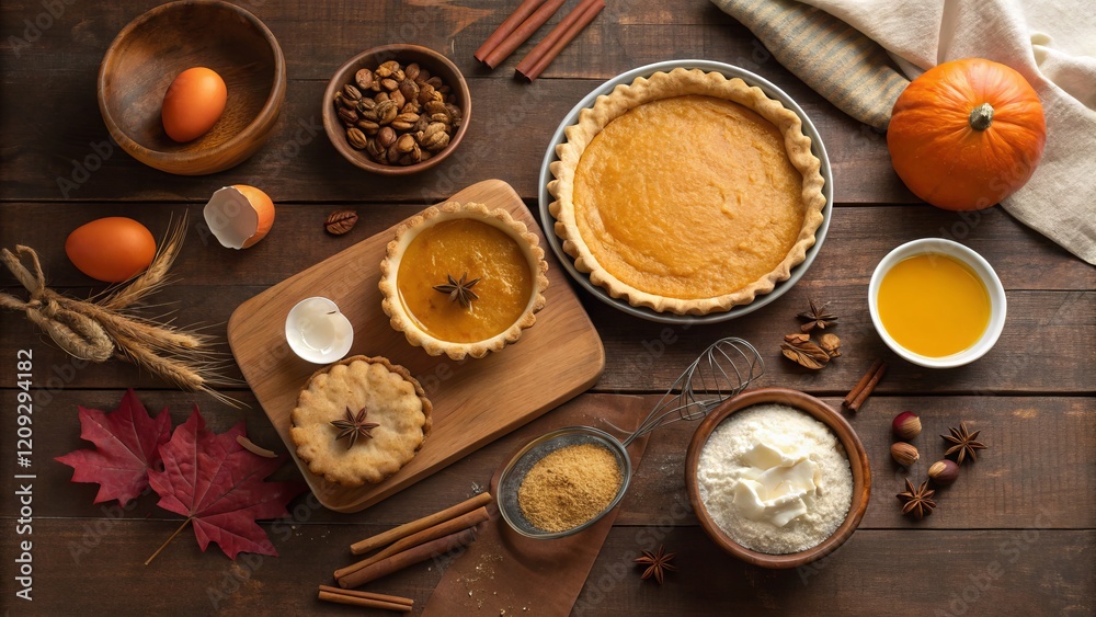 Autumn Pumpkin Pie Baking Flatlay Ingredients and Pies, Top View, Rustic Wooden Background, Fall Flavors Pumpkin Pie, Thanksgiving Autumn Pumpkin Pie Baking Flatlay Ingredients and Pies, Top View, Rustic Wooden Background, Fall Flavors Pumpkin Pie, Thanksgiving
