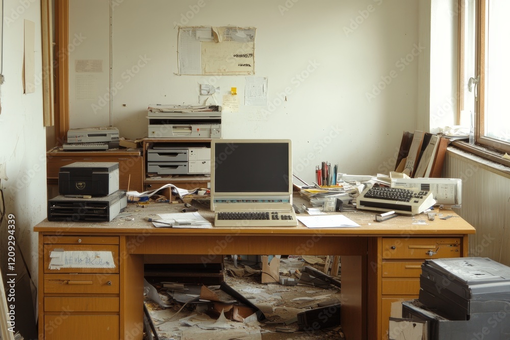 Abandoned Office Workspace with Old Computer Equipment Abandoned Office Workspace with Old Computer Equipment