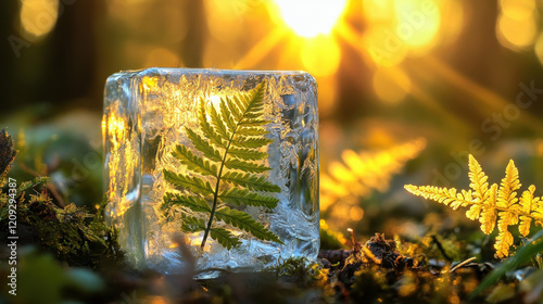 A surreal ice cube with natural plant inclusions, like frozen ferns and flowers, melting slightly under a golden beam of sunlight in a lush forest clearing photo