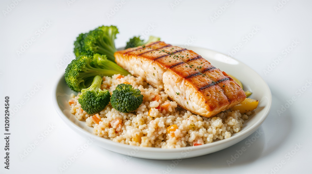 Grilled Salmon Fillet with Rice and Steamed Broccoli on a White Plate Grilled Salmon Fillet with Rice and Steamed Broccoli on a White Plate