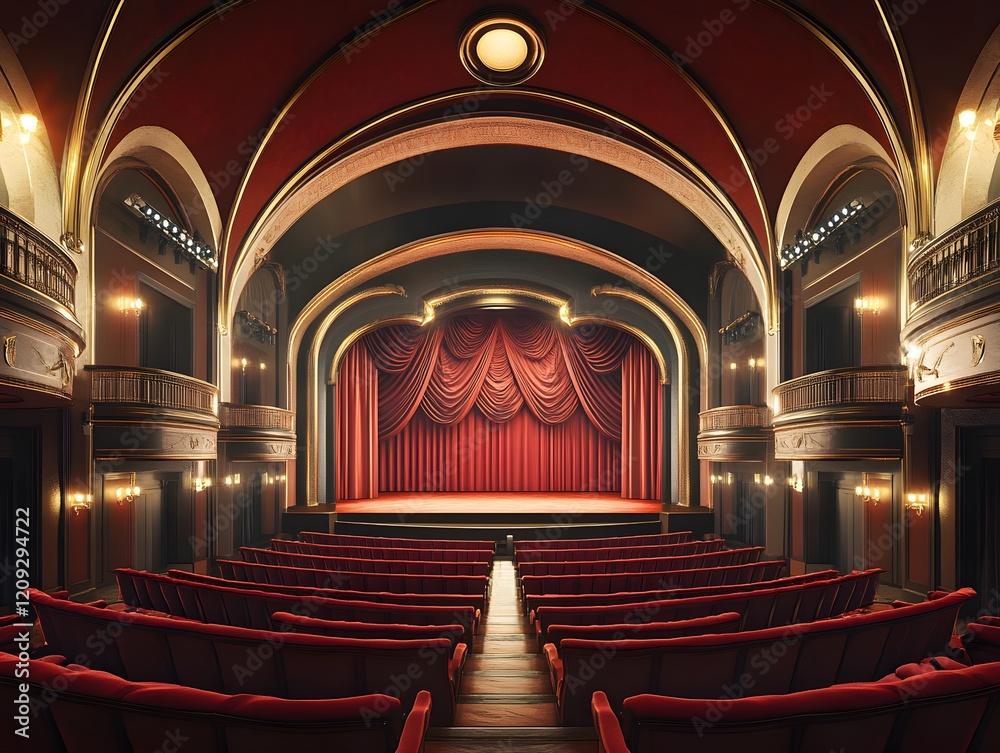 Obraz premium Refined theater hall with deep red seating, arched ceilings, and curtain-backlit stages. Perfect for drama and musical acts.