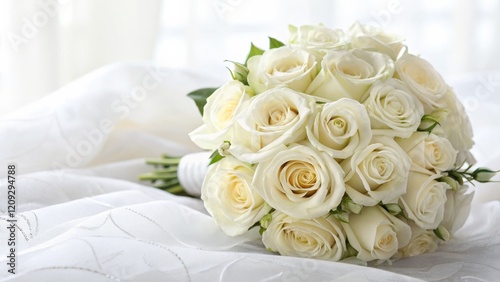 Cream Roses Bouquet on White Fabric Close-up Photography, Wedding Theme, Floral Arrangement, Soft Focus Wedding Flowers, Bridal Bouquet
