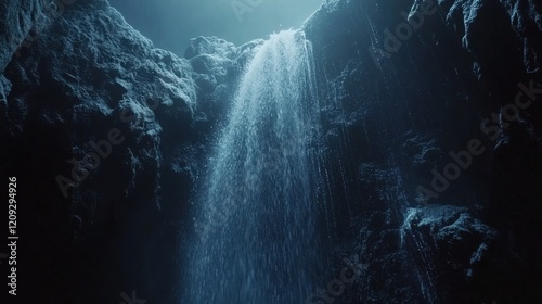 A mesmerizing waterfall cascading into a serene, dark environment.