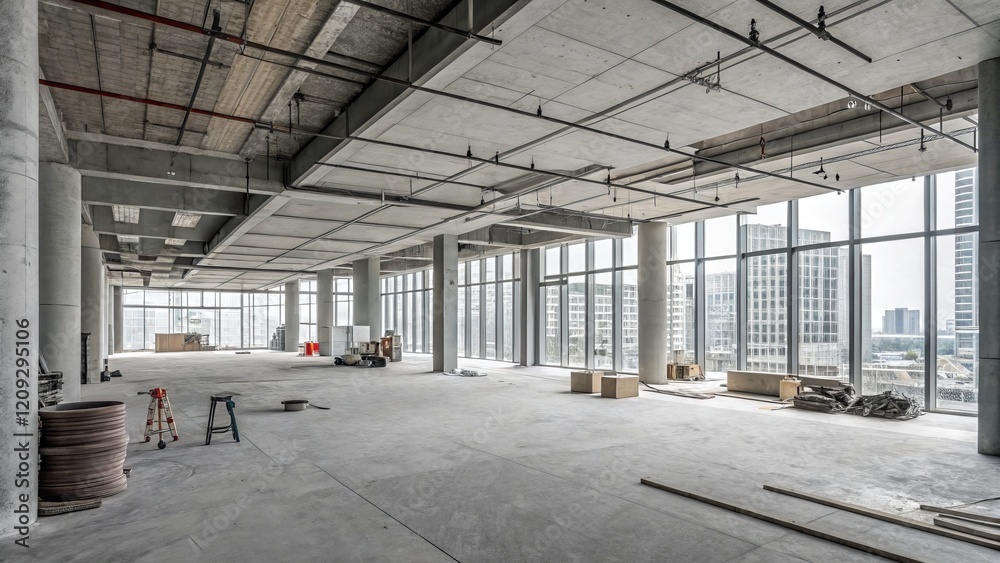 Obraz premium Empty Concrete Office Space High Ceiling, Wide Windows, Urban View, Construction, Modern Architecture, Industrial Design Construction, Office Space