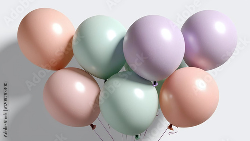 A cluster of pastel-colored balloons, including shades of pink, purple, cream, and mint, floating against a light gray background