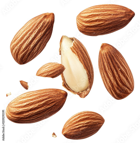 flying almond nuts isolated on transparent background