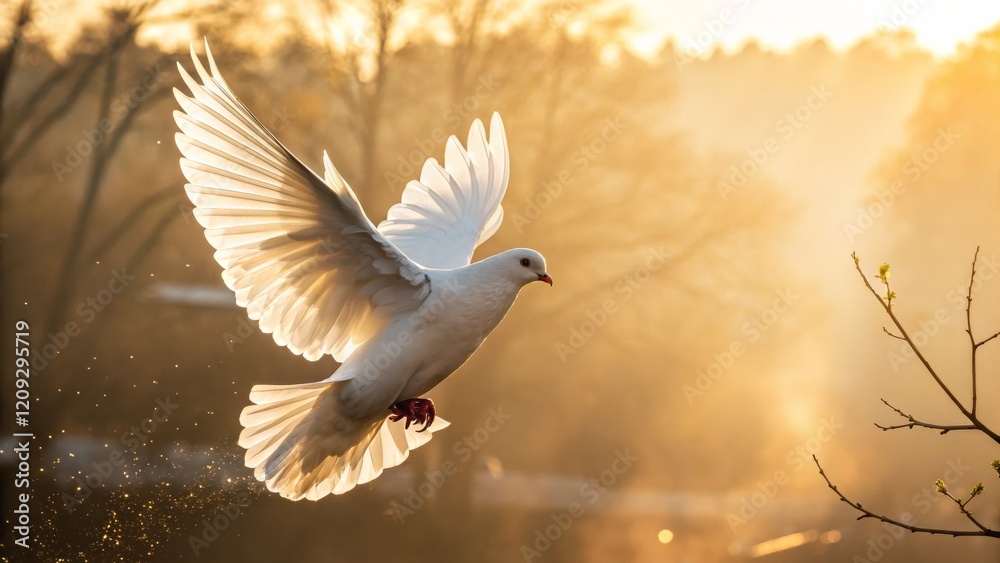 Obraz premium Golden Hour Dove Wings Spread, Backlit Flight, Peace Symbol, Nature Photography Dove, Peace, Photography