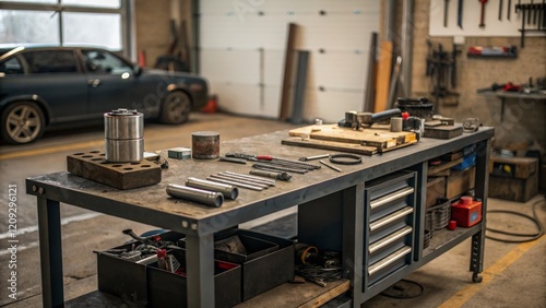 Industrial Metalwork Workshop Table Composition, Tools and Parts, Metal Fabrication, Garage, grey workbench Metalworking, Fabrication