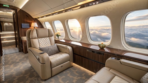Luxurious Private Jet Interior Sunset Cloudscape, Beige Leather Seating, Wooden Paneling, Wide Composition. Private Jet, Luxury Travel