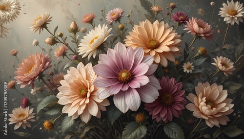 Fantasy Vintage Wallpaper with Botanical Flower Bunch Motif