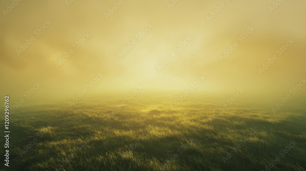 Fototapeta premium A serene, foggy landscape with a golden glow and gentle waves in the foreground.