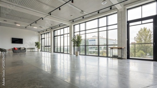 Wallpaper Mural Modern Industrial Loft Interior Polished Concrete Floor, Large Windows, Minimalist Composition, Open Space Design. loft design, industrial interior Torontodigital.ca