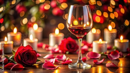 A romantic wine and rose petal filled glass on a candlelit dinner table, flower, rose,  flower, rose, wine