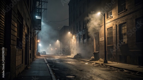 Smoky Alleyway at Night Long Exposure Photography, Urban Decay, Dark Atmosphere, Night Scene. Urban Photography, Night Photography photo